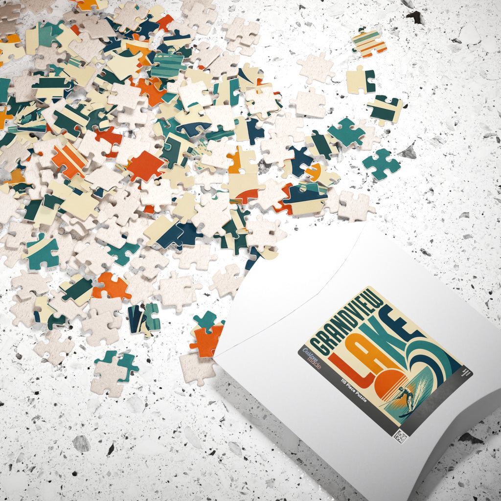 Kids Grandview Lake Retro Waterskiing Puzzle — Vintage Lake Poster Jigsaw (110/252/520 pcs)