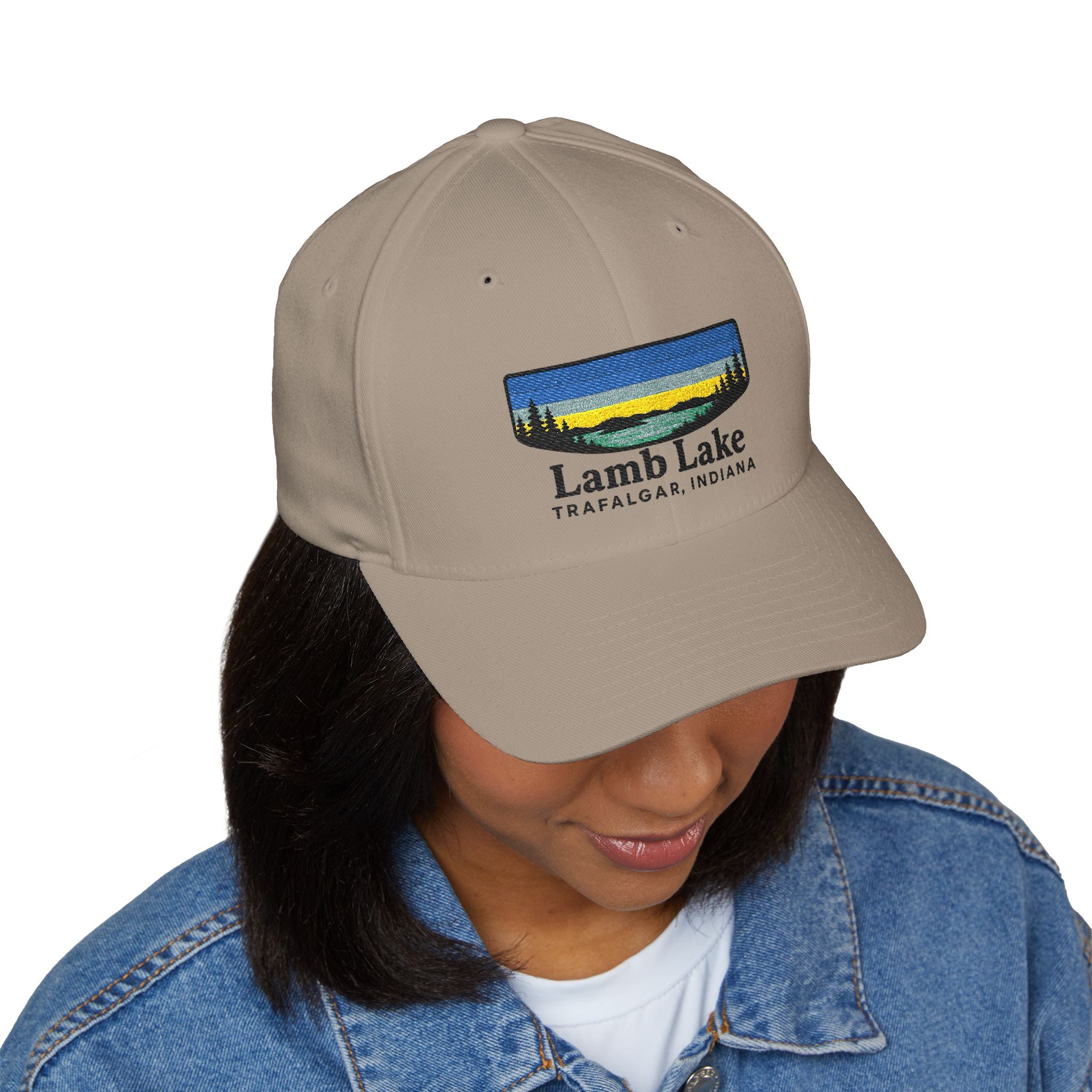 Lamb Lake Embroidered Cap — Scenic Lake Sunset Hat