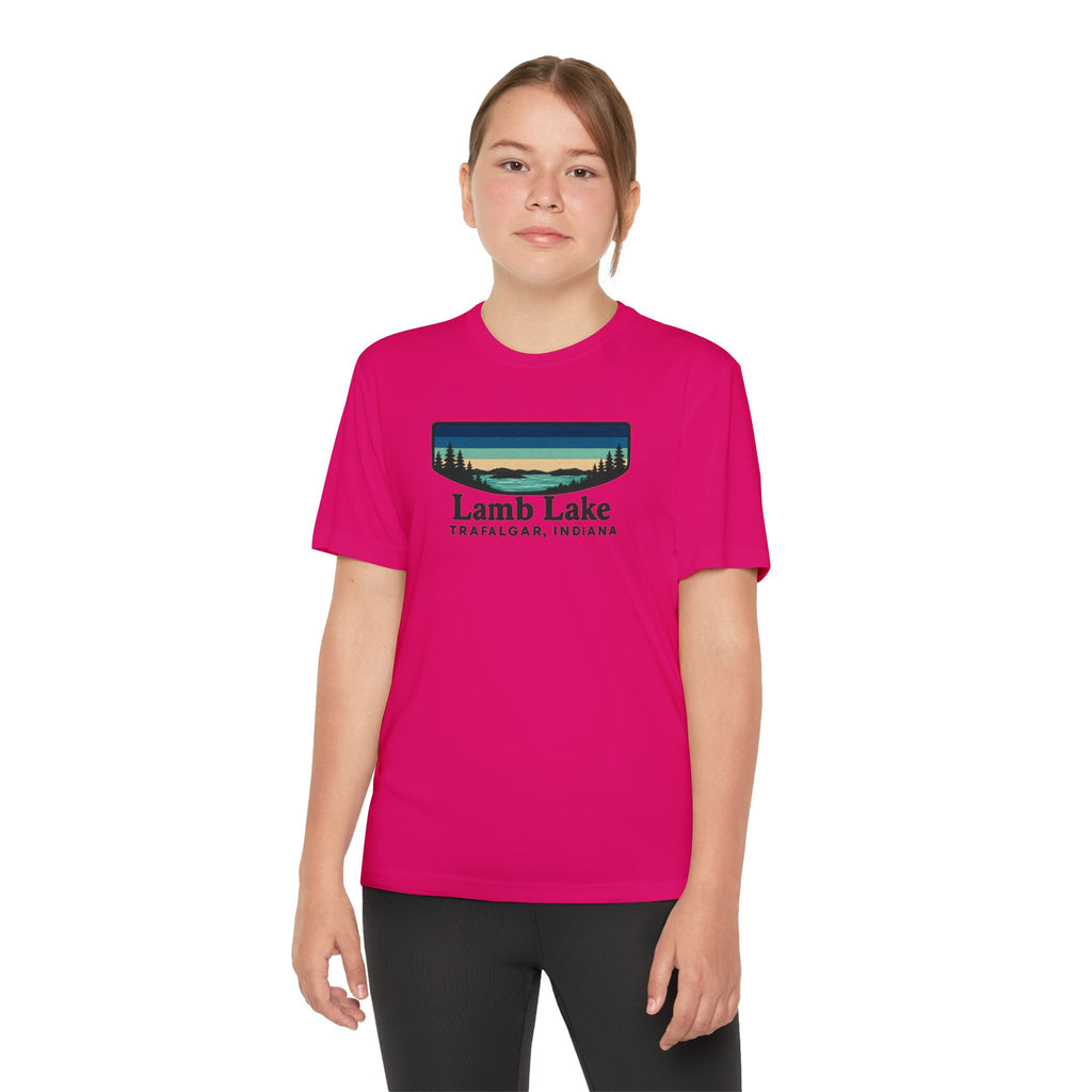 Youth Performance Tee — Lamb Lake Retro Sunset Camp Shirt