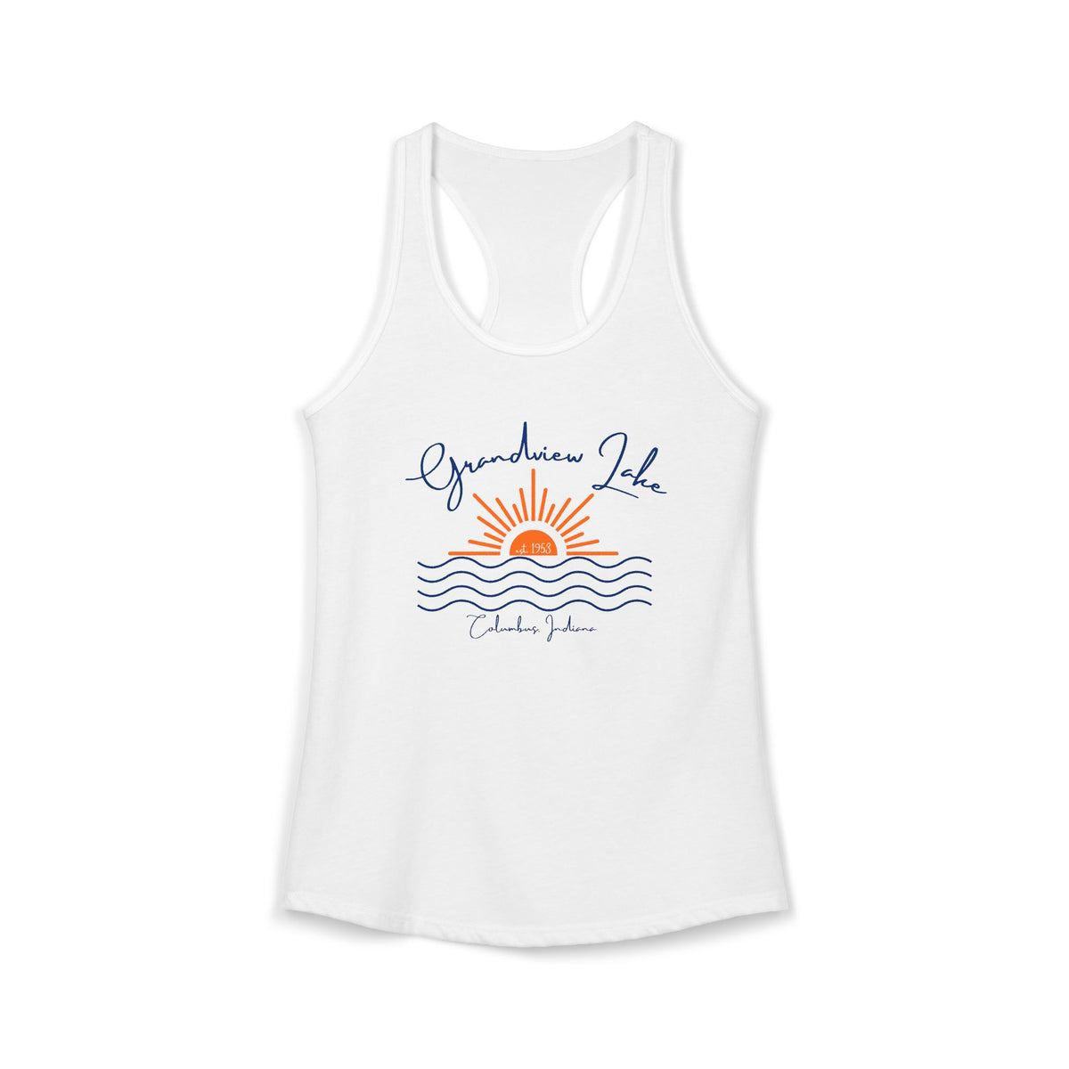 Women's Ideal Racerback Tank- Sun over Water "Grandview Lake" Script
