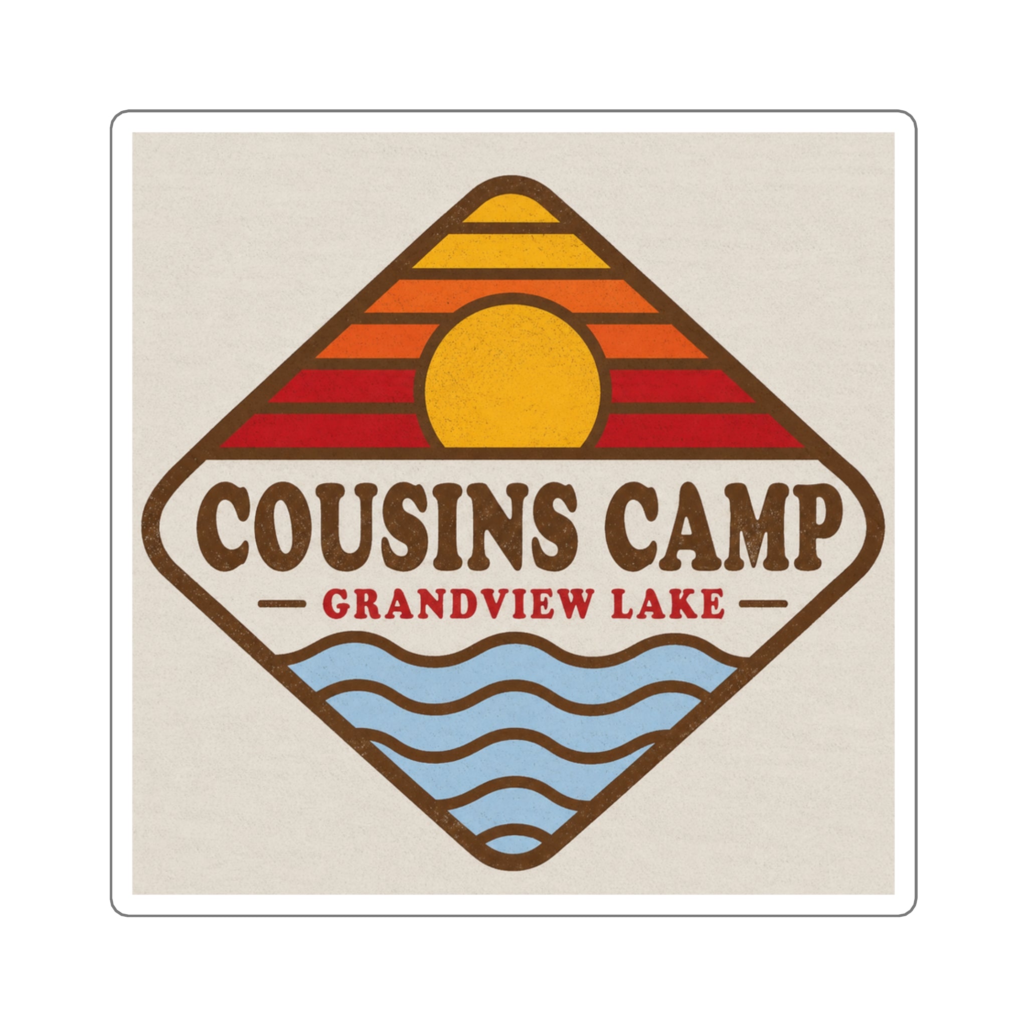 Cousins Camp Grandview Lake Sticker — Retro Sunset Lake Square Sticker