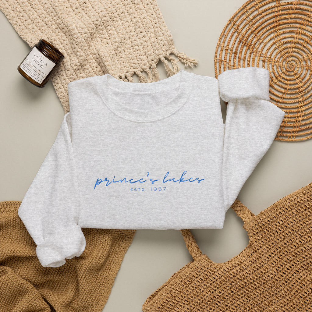 'Prince's Lakes' Script Embroidered Unisex Sweatshirt — Minimal Blue Handwritten Logo Crewneck