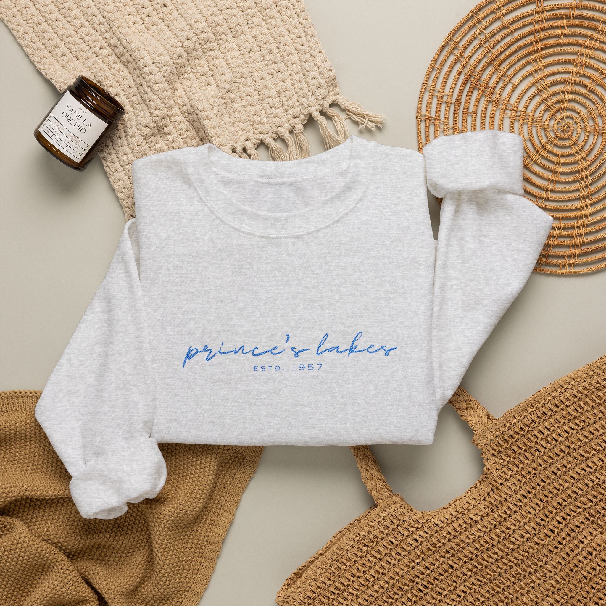 'Prince's Lakes' Script Embroidered Unisex Sweatshirt — Minimal Blue Handwritten Logo Crewneck