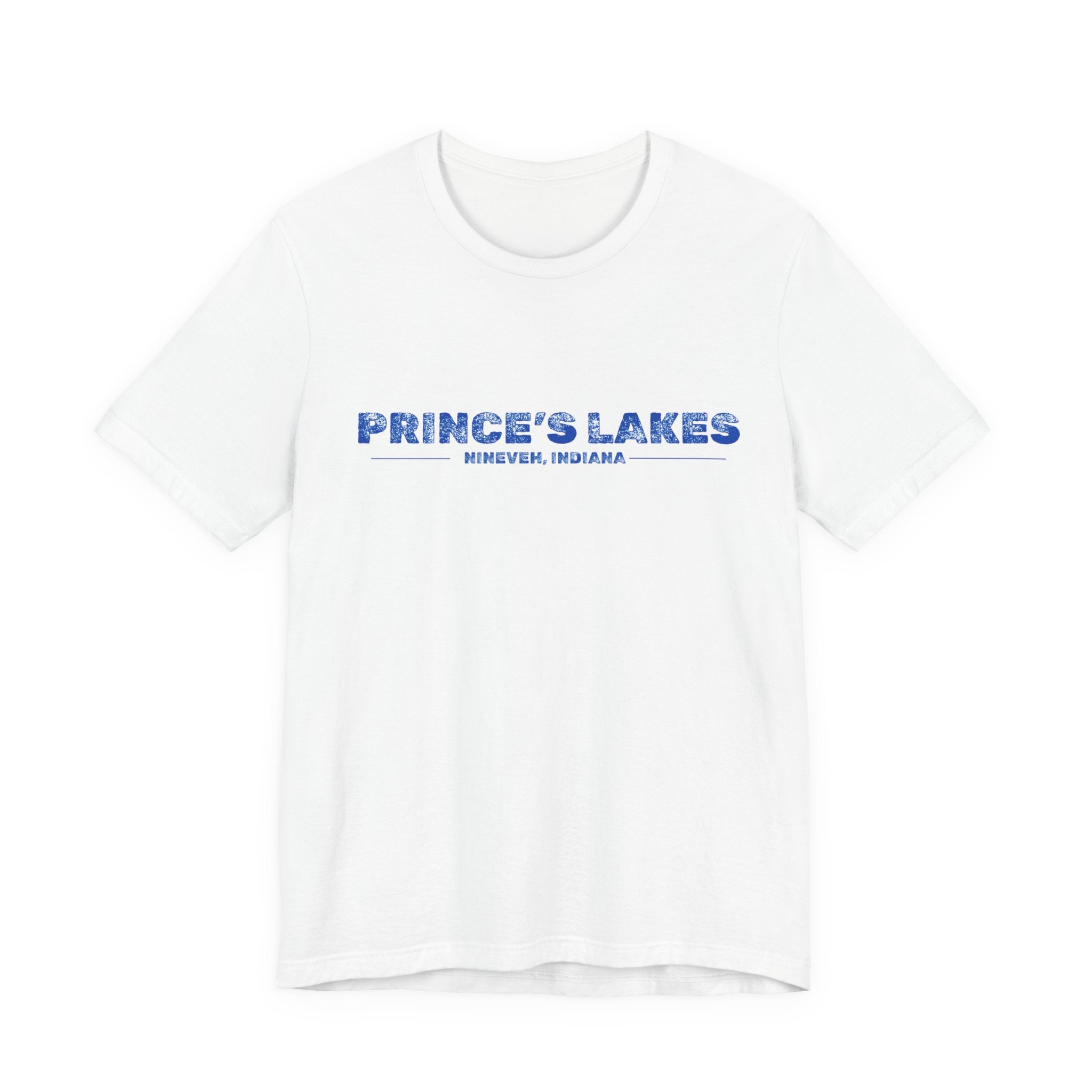 Prince's Lakes, Indiana Tee — Vintage Blue Text Short Sleeve T-Shirt