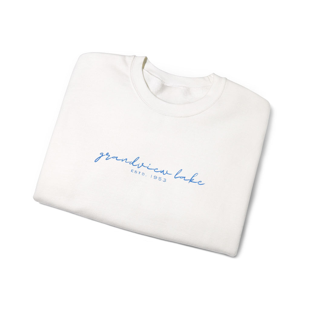 Grandview Lake Script Embroidered Unisex Sweatshirt — Minimal Blue Handwritten Logo Crewneck