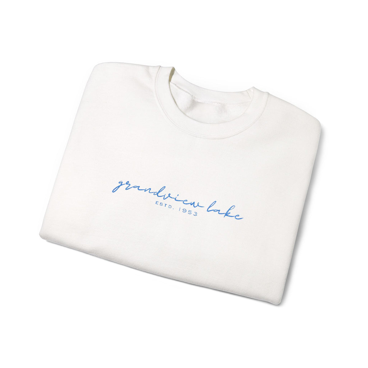 Grandview Lake Script Embroidered Unisex Sweatshirt — Minimal Blue Handwritten Logo Crewneck