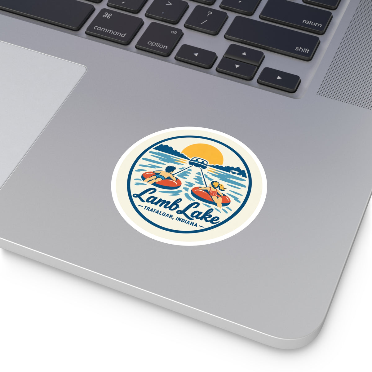 Lamb Lake Round Sticker — Retro Lake Tubing Design (Trafalgar, Indiana)