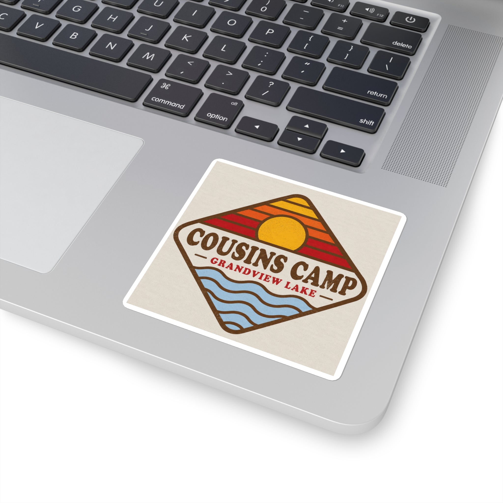 Cousins Camp Grandview Lake Sticker — Retro Sunset Lake Square Sticker