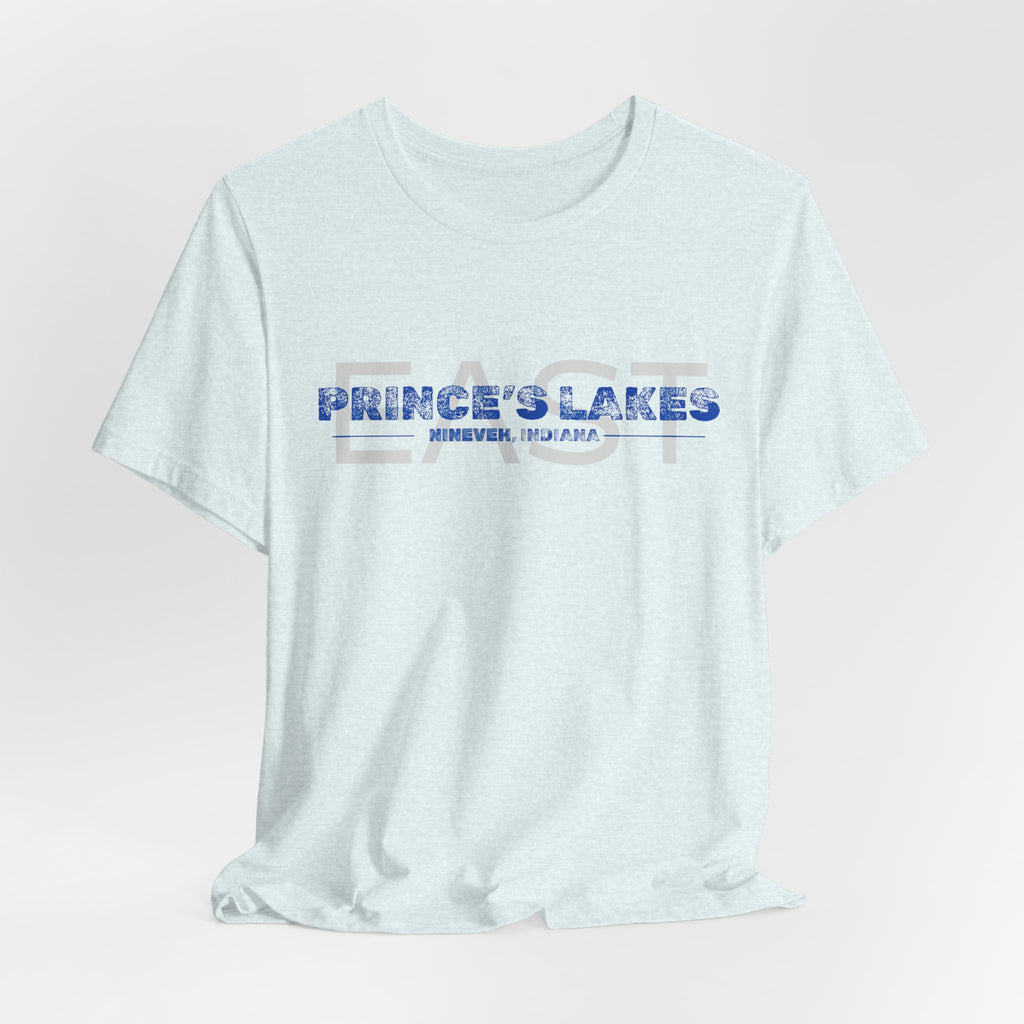 EAST Prince's Lakes, Indiana Tee — Vintage Blue Text Short Sleeve T-Shirt