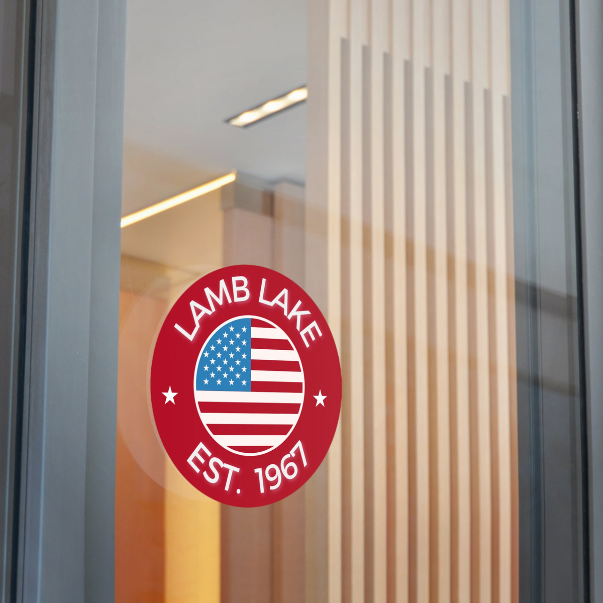 Lamb Lake Est. 1967 Round Vinyl Sticker — American Flag Lake Pride
