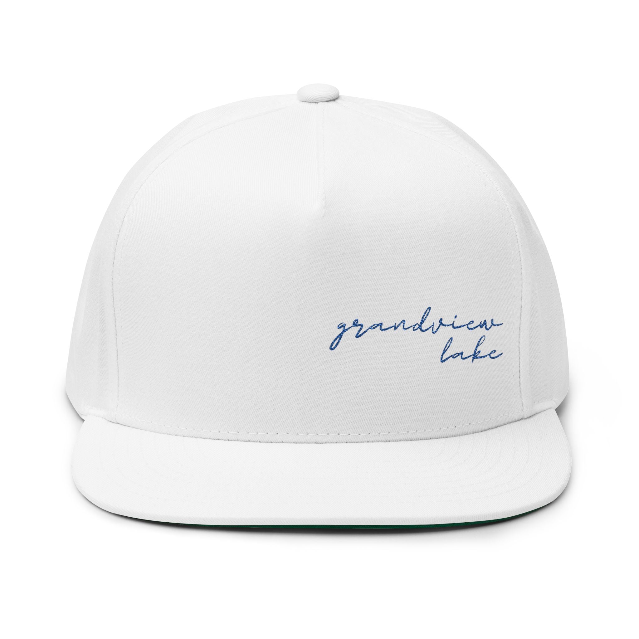 Flat Bill Cap — "Grandview Lake" Script Embroidered Snapback Hat