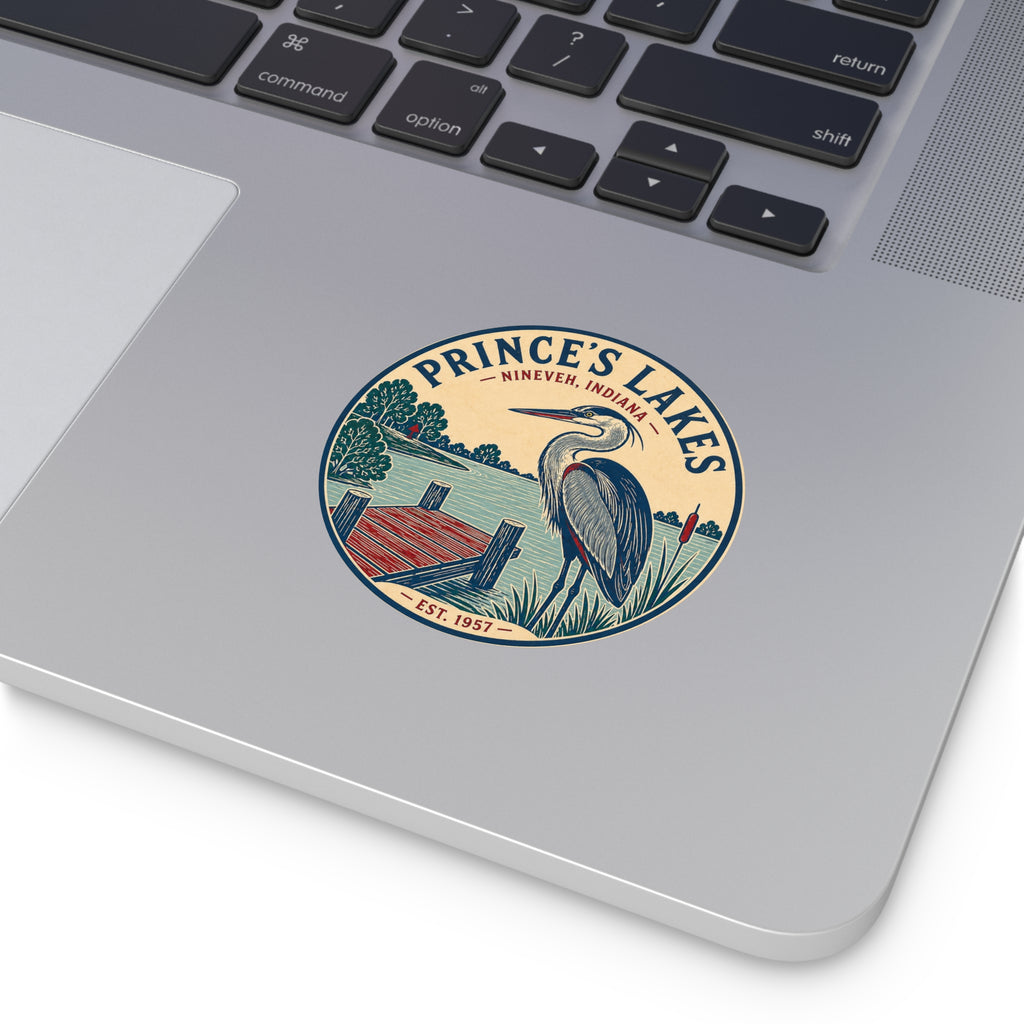 Prince's Lakes Round Vinyl Sticker — Vintage Heron Lake Scene