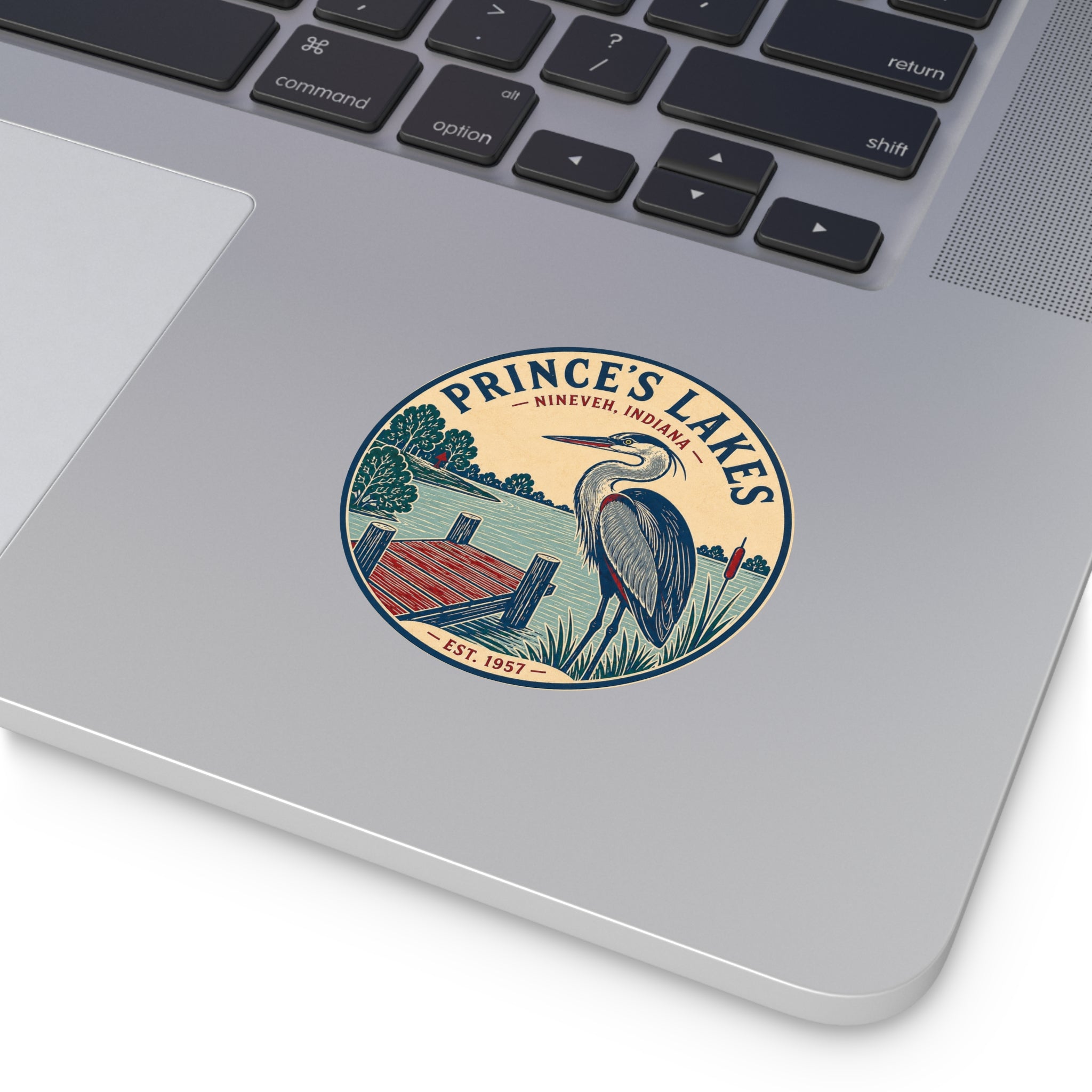 Prince's Lakes Round Vinyl Sticker — Vintage Heron Lake Scene