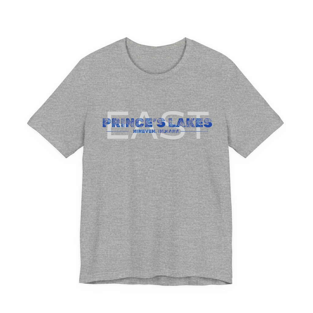 EAST Prince's Lakes, Indiana Tee — Vintage Blue Text Short Sleeve T-Shirt