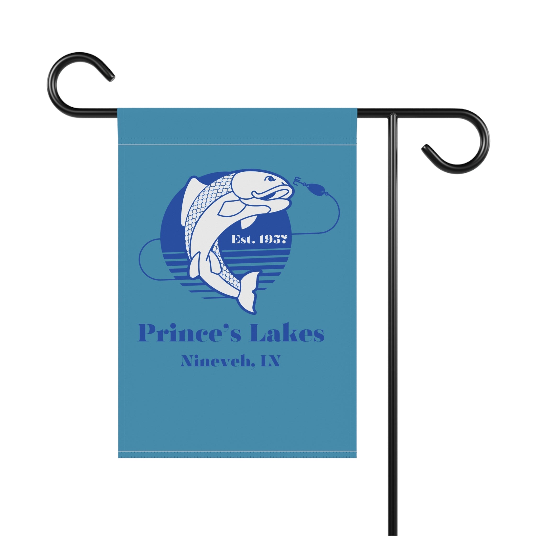 Fishing Garden Flag — "Prince's Lakes, Nineveh, IN" Established 1932 House Banner
