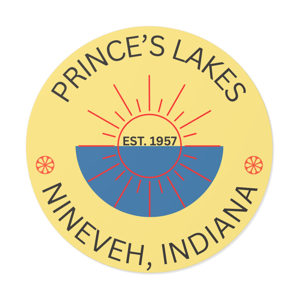 Prince's Lakes Round Vinyl Sun-over-Water Sticker — Nineveh, Indiana Est. 1957