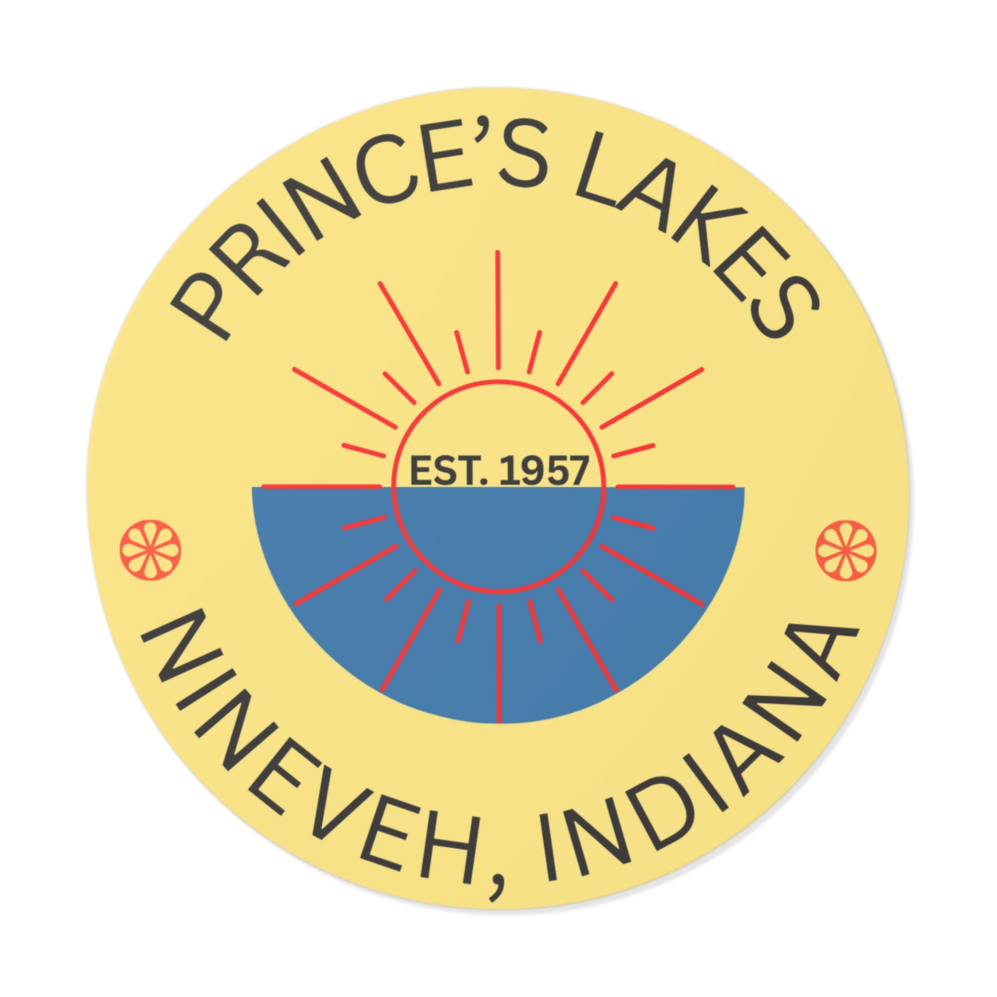 Prince's Lakes Round Vinyl Sun-over-Water Sticker — Nineveh, Indiana Est. 1957