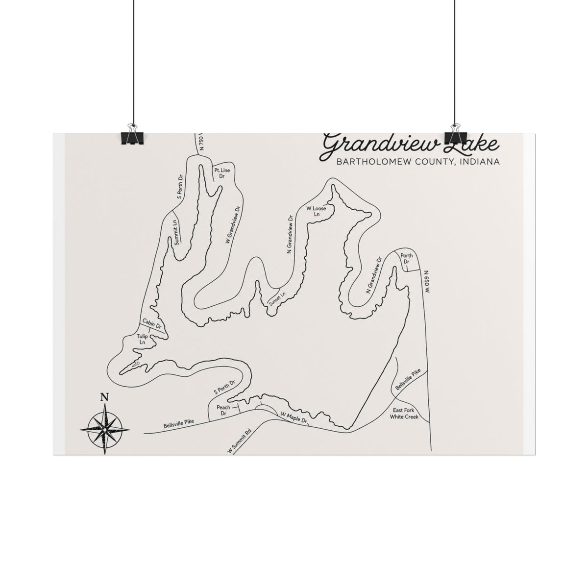Grandview Lake Map Poster — Rolled Vintage Nautical Lake Map Wall Art