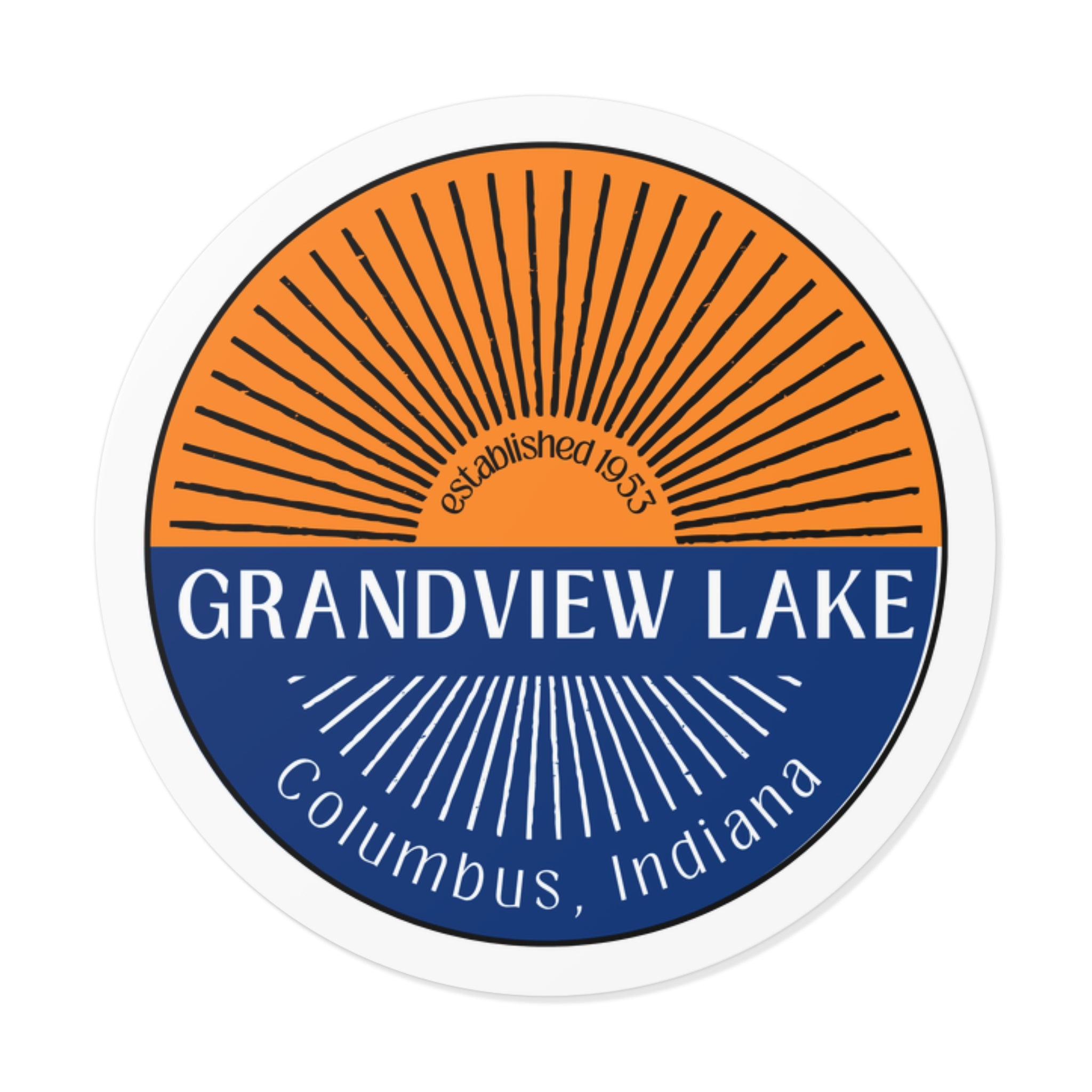 Grandview Lake Sunset Round Vinyl Sticker — Columbus, Indiana Vintage Sunrise Design