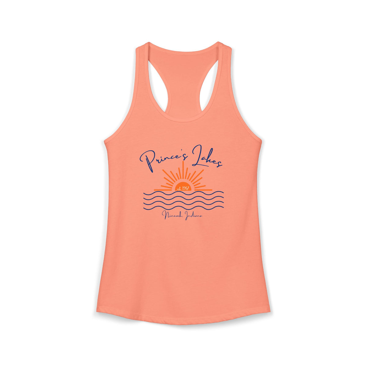Women's Ideal Racerback Tank- Sun over Water "Prince's Lakes" Script