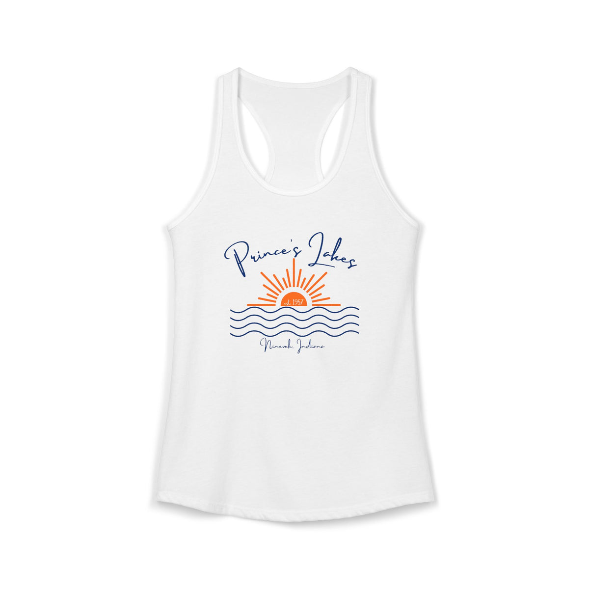Women's Ideal Racerback Tank- Sun over Water "Prince's Lakes" Script