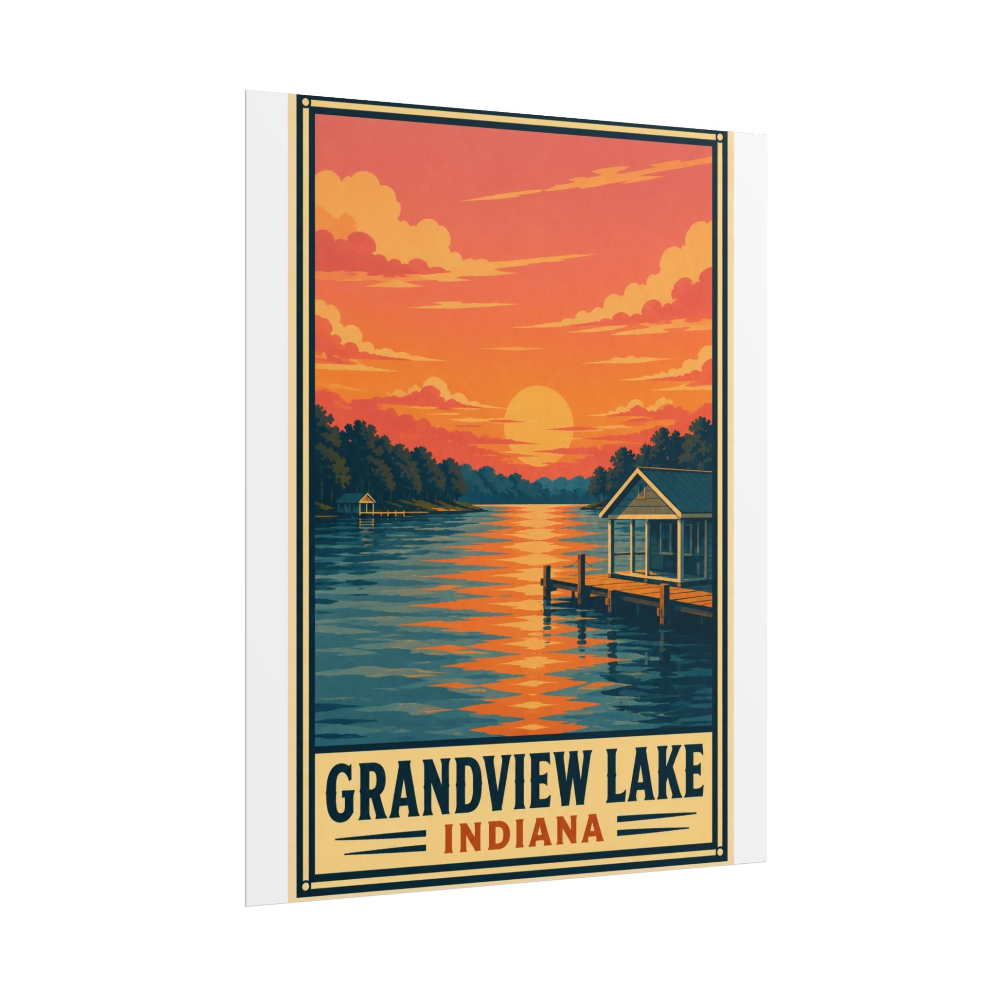 Grandview Lake Indiana Sunset Poster — Vintage Lakeside Travel Print