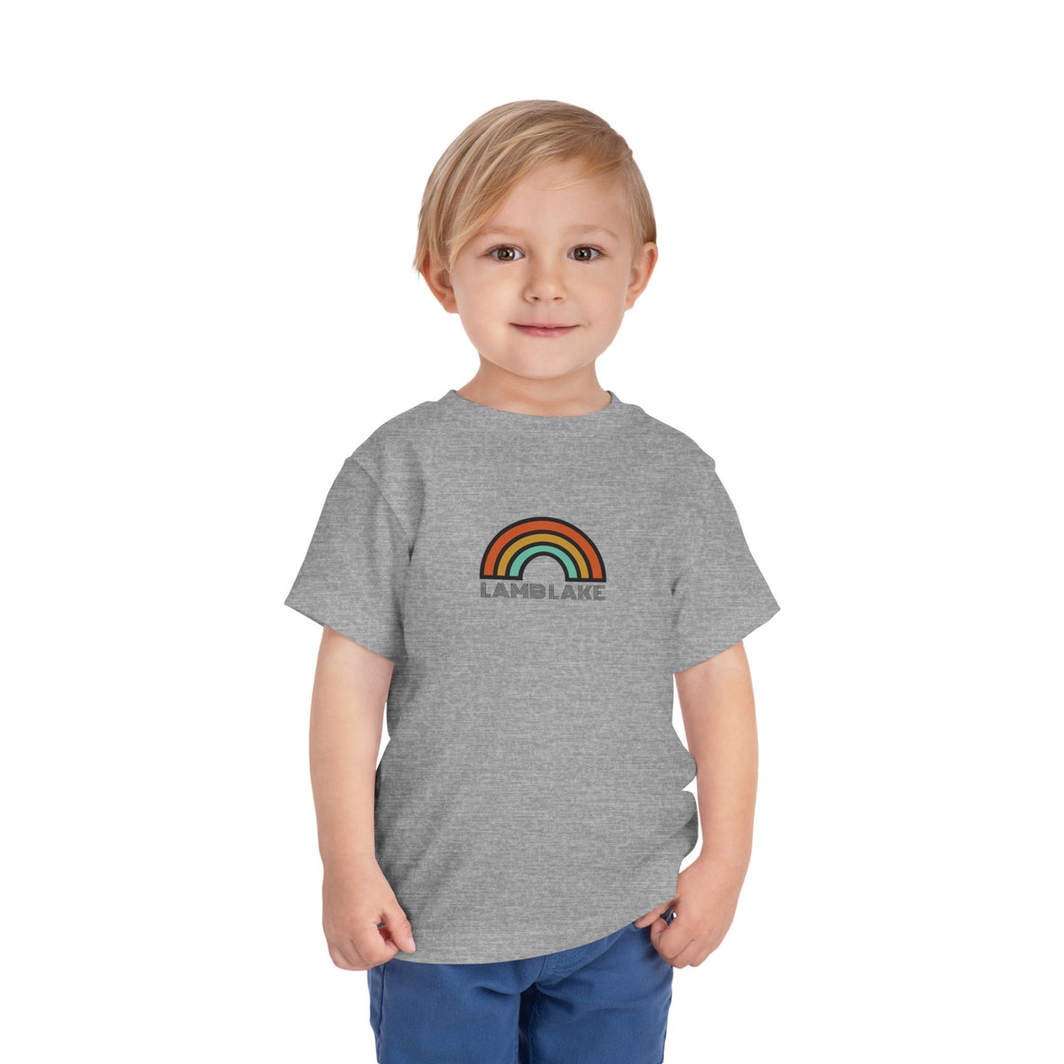 Retro Rainbow Toddler Tee — "Lamb Lake" Graphic Short Sleeve