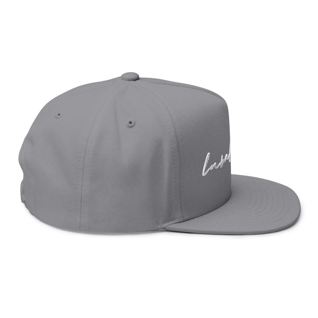 Lamb Lake White Script Embroidered Flat Bill Cap