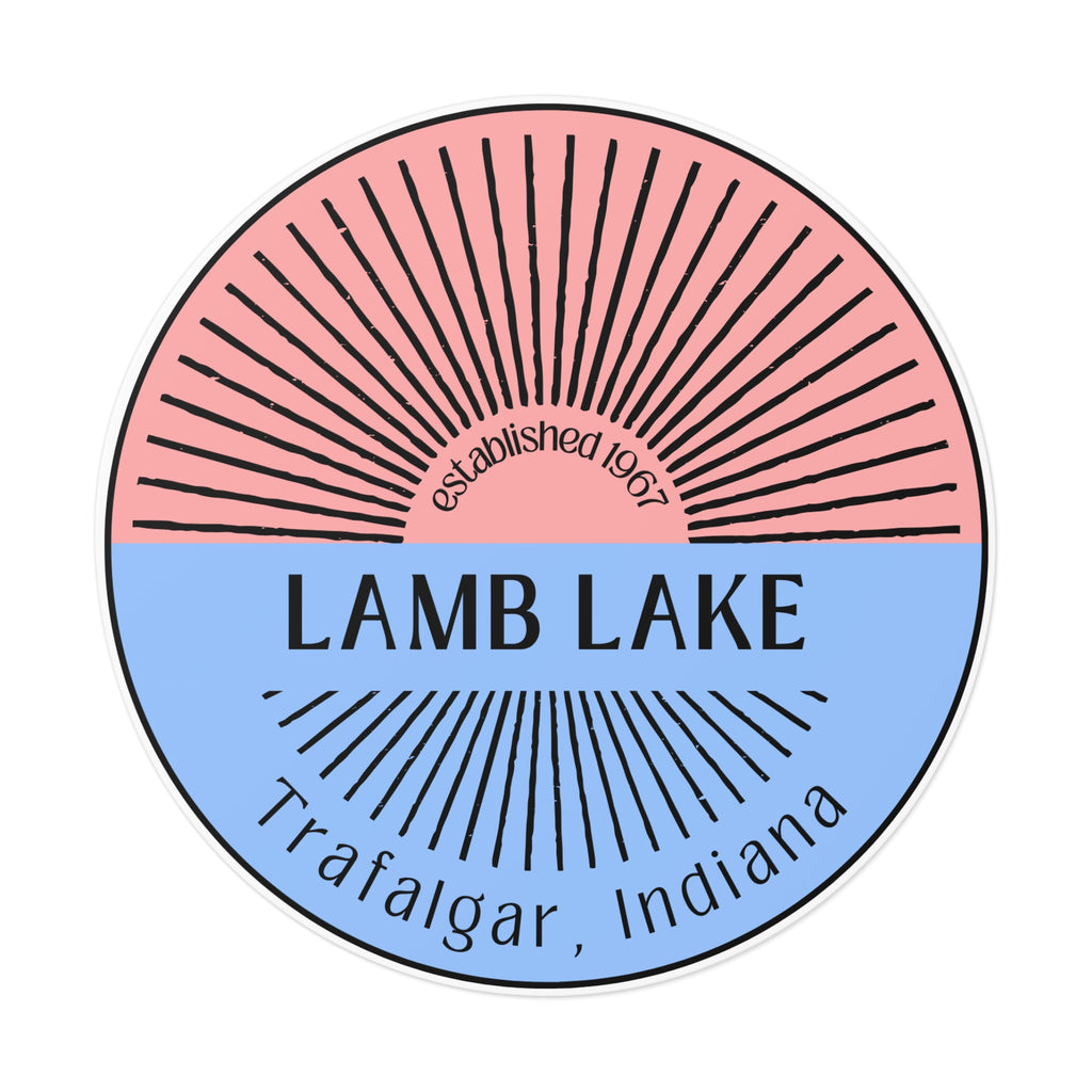 Lamb Lake Split Sun Round Vinyl Sticker — Trafalgar, Indiana (Established 1967)