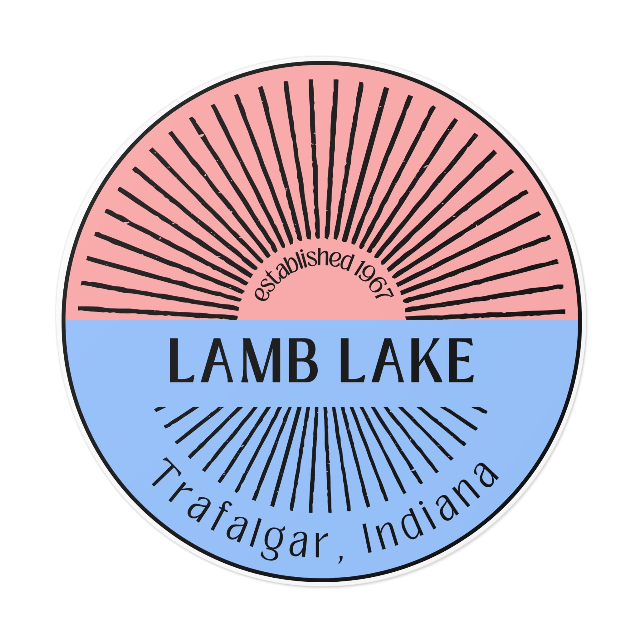 Lamb Lake Split Sun Round Vinyl Sticker — Trafalgar, Indiana (Established 1967)