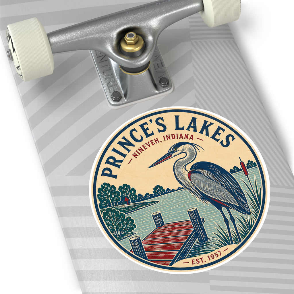 Prince's Lakes Round Vinyl Sticker — Vintage Heron Lake Scene