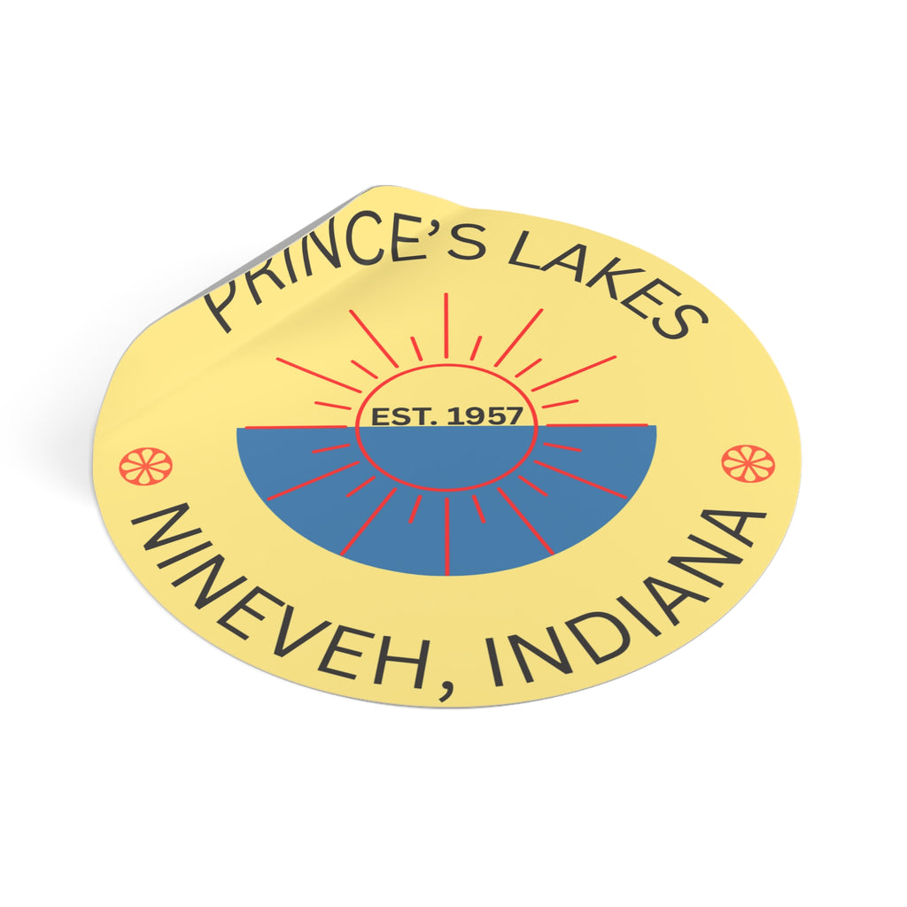 Prince's Lakes Round Vinyl Sun-over-Water Sticker — Nineveh, Indiana Est. 1957