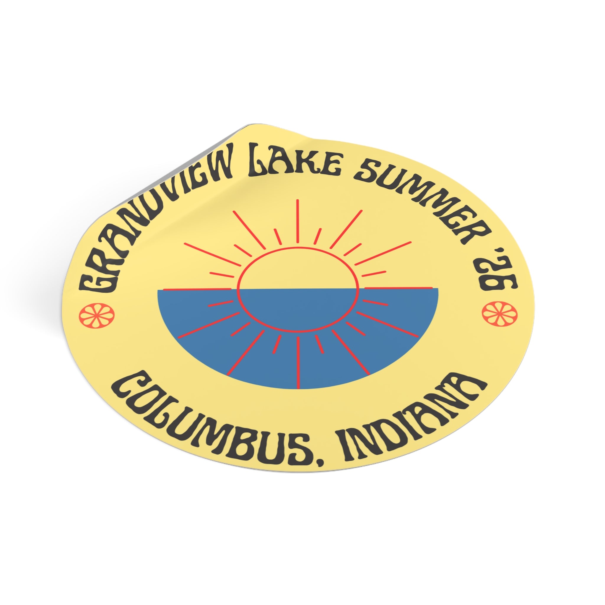 Grandview Lake Summer ’26 Round Vinyl Sticker — Columbus, Indiana Sun Logo