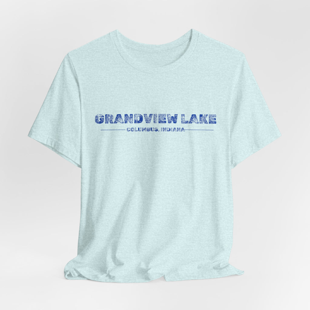 Grandview Lake Columbus, Indiana Tee — Vintage Blue Text Short Sleeve T-Shirt