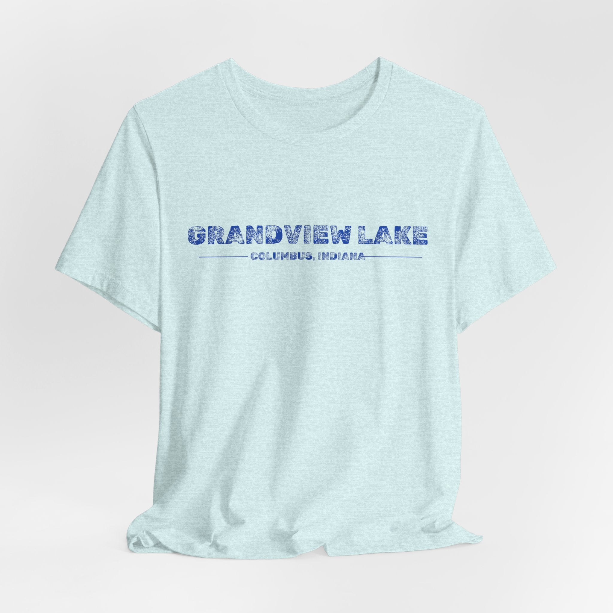 Grandview Lake Columbus, Indiana Tee — Vintage Blue Text Short Sleeve T-Shirt