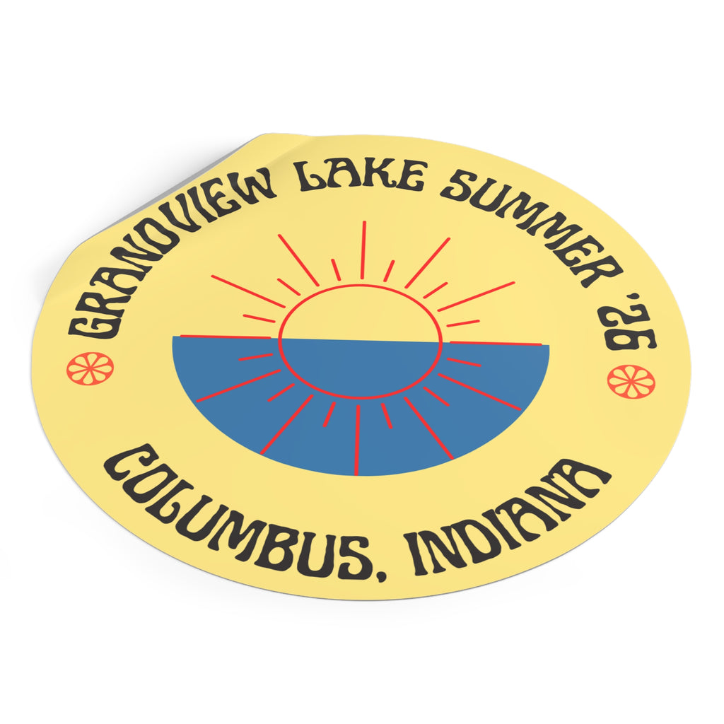 Grandview Lake Summer ’26 Round Vinyl Sticker — Columbus, Indiana Sun Logo