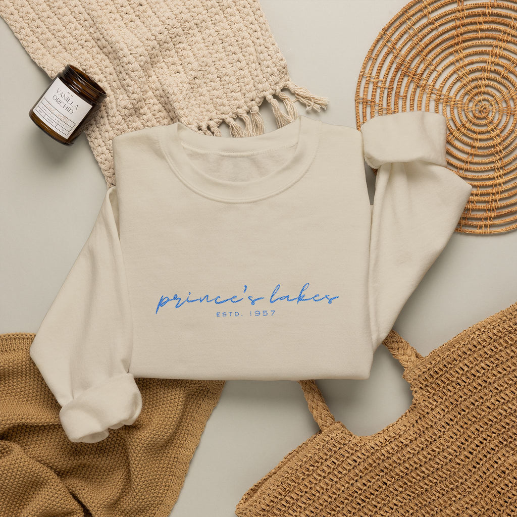 'Prince's Lakes' Script Embroidered Unisex Sweatshirt — Minimal Blue Handwritten Logo Crewneck