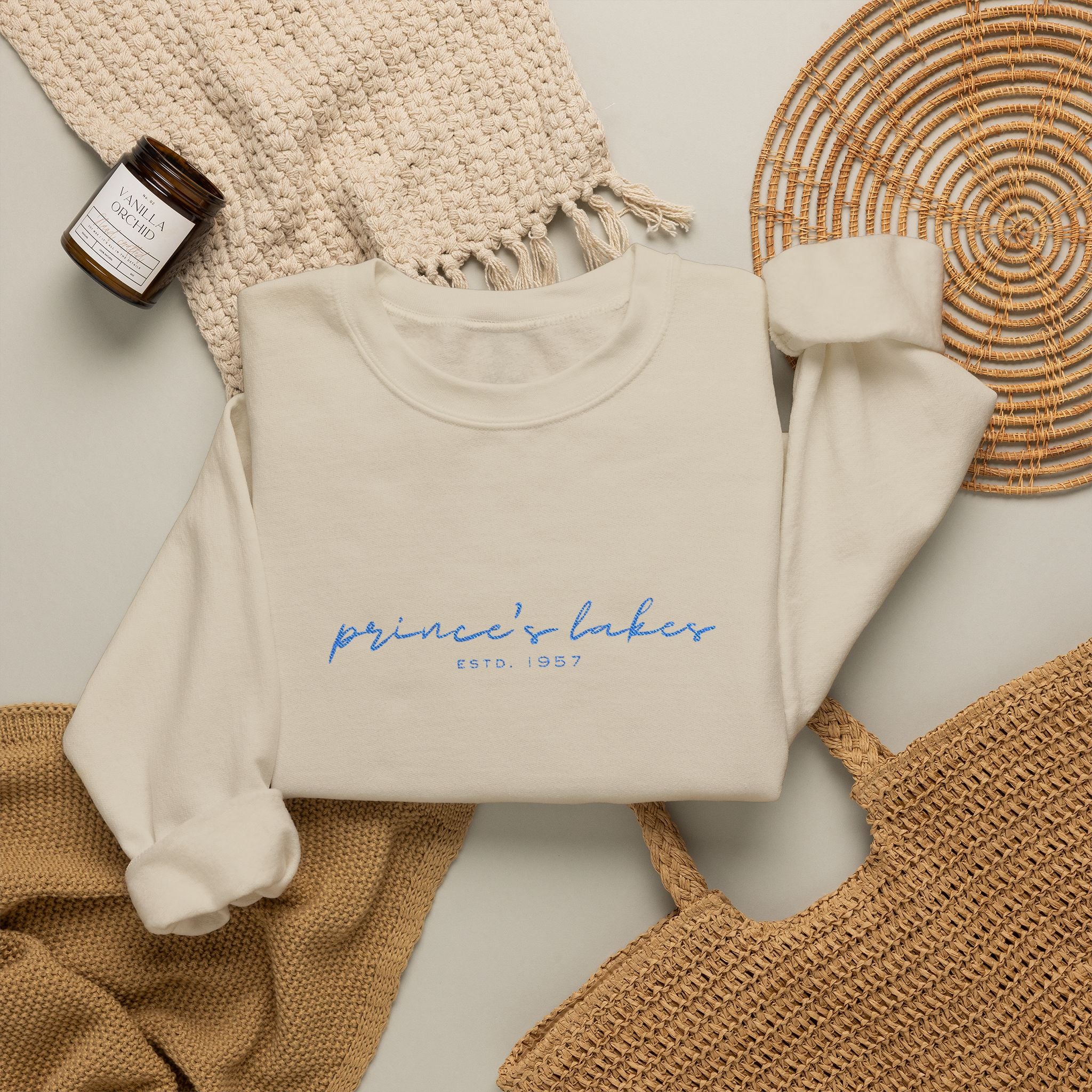 'Prince's Lakes' Script Embroidered Unisex Sweatshirt — Minimal Blue Handwritten Logo Crewneck