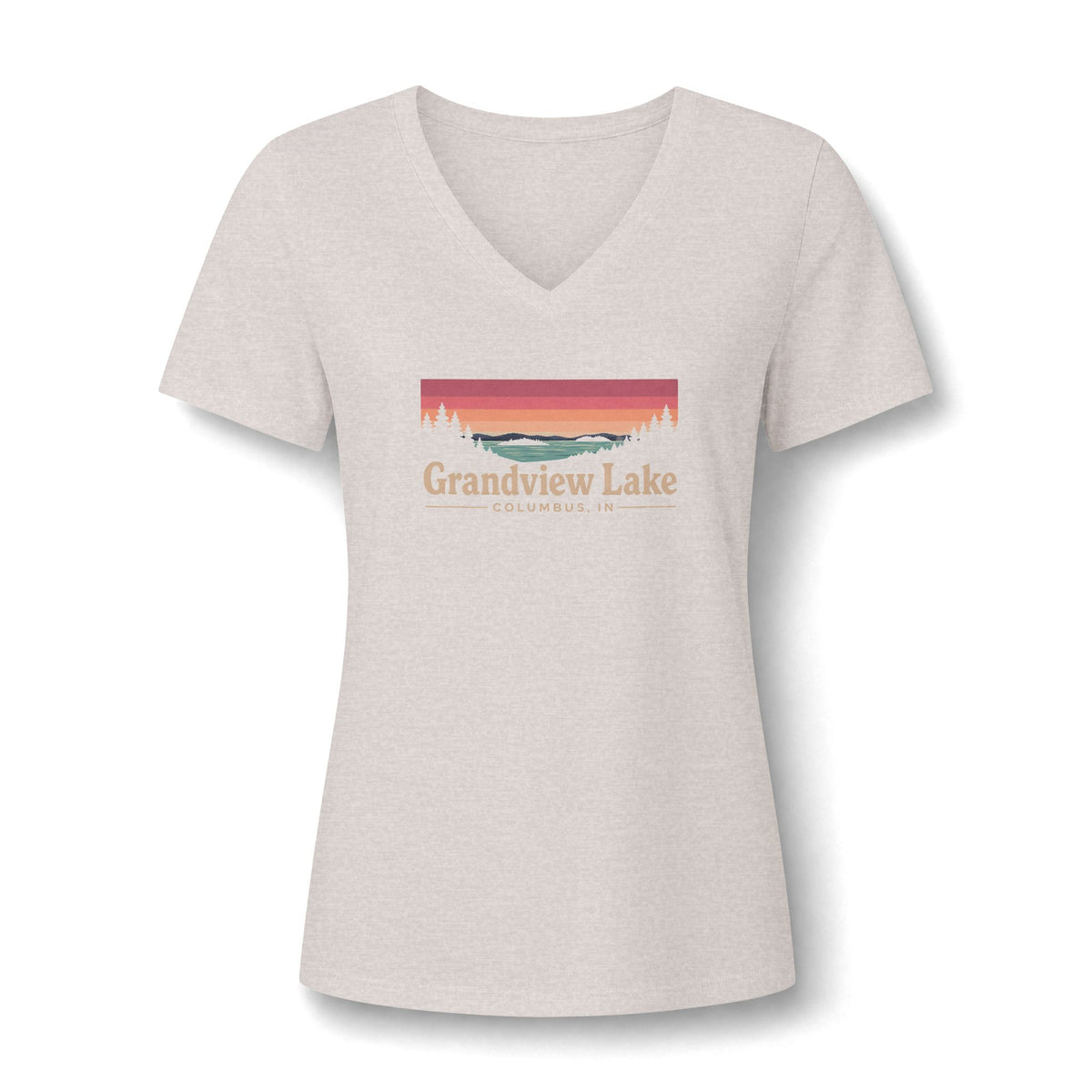 Grandview Lake Women's V-Neck Tee — Sunset Lake Graphic