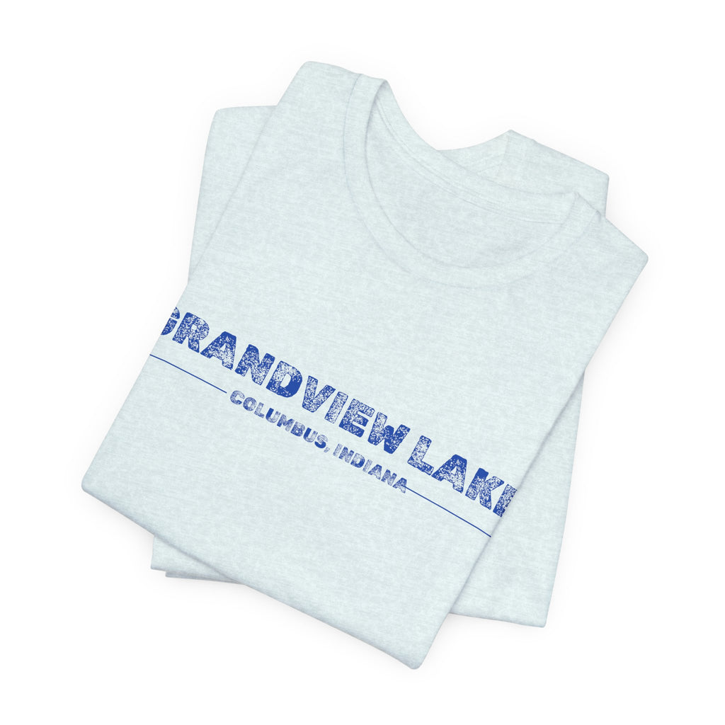 Grandview Lake Columbus, Indiana Tee — Vintage Blue Text Short Sleeve T-Shirt