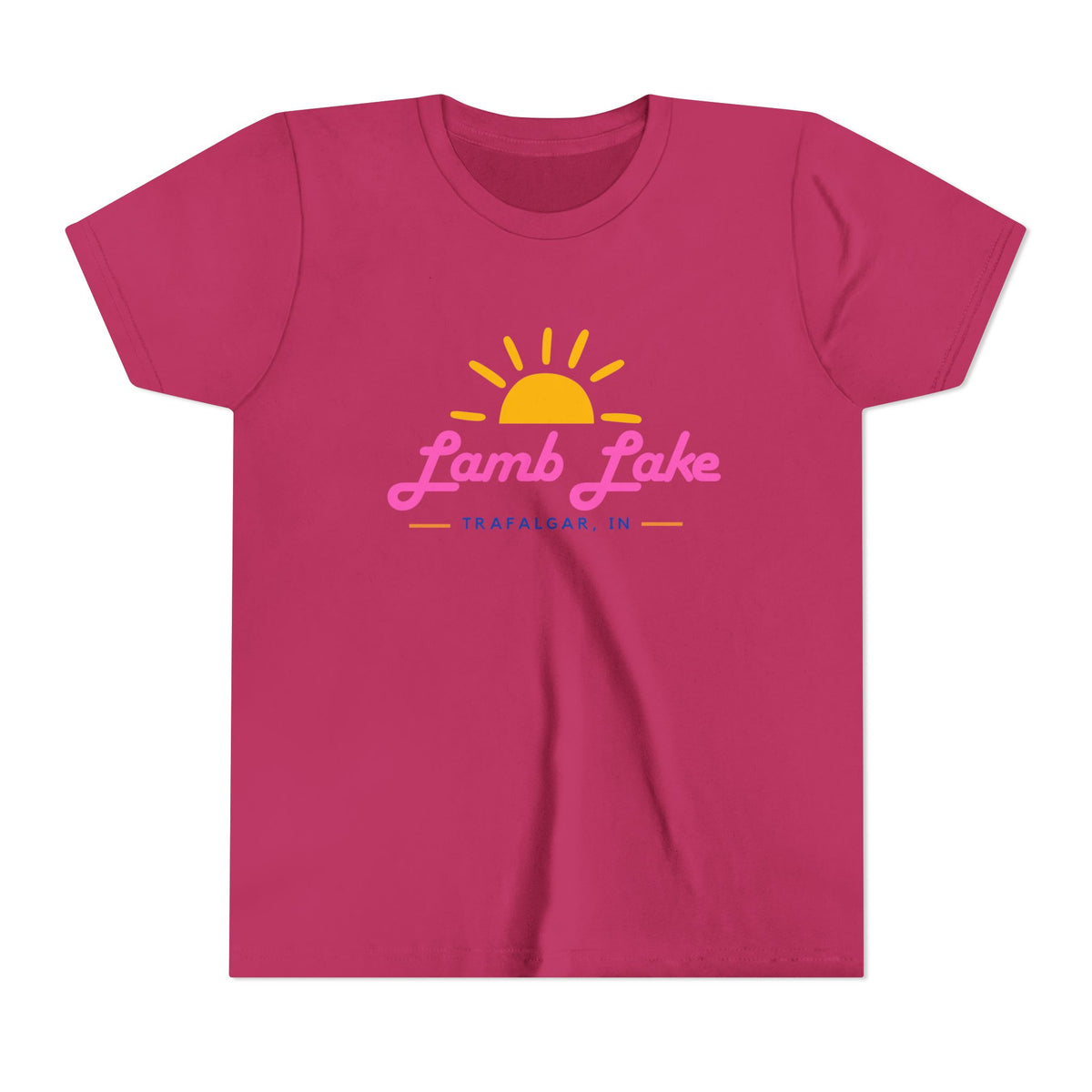 Youth Tee — Lamb Lake Retro Sunset Kids Shirt (Trafalgar, IN)