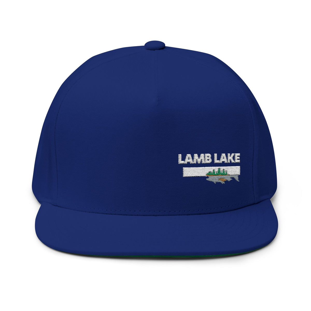 Lamb Lake White Embroidered Flat Bill Cap — Fishing & Lake Life Snapback