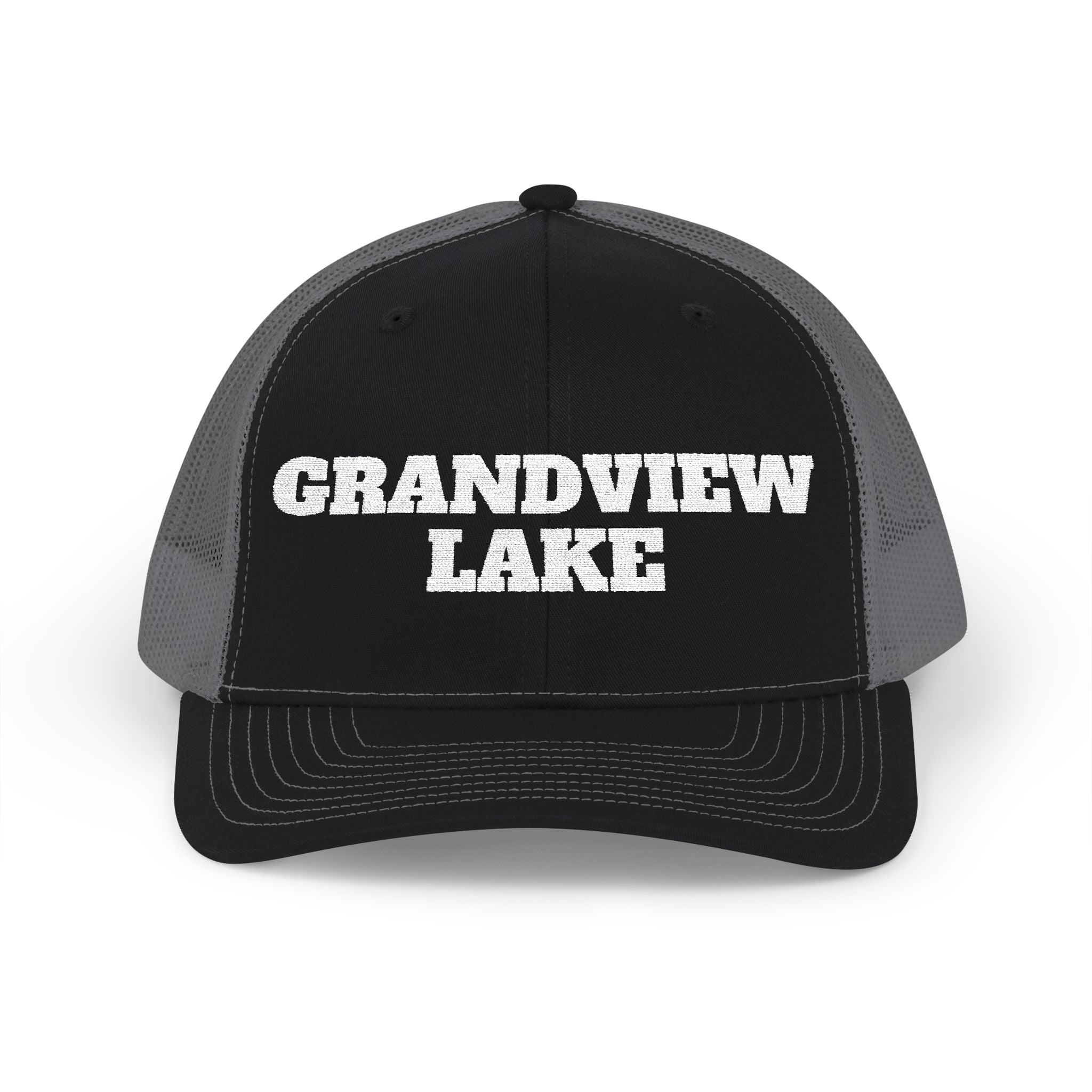 Grandview Lake Trucker Hat — Vintage White Mesh Snapback Cap