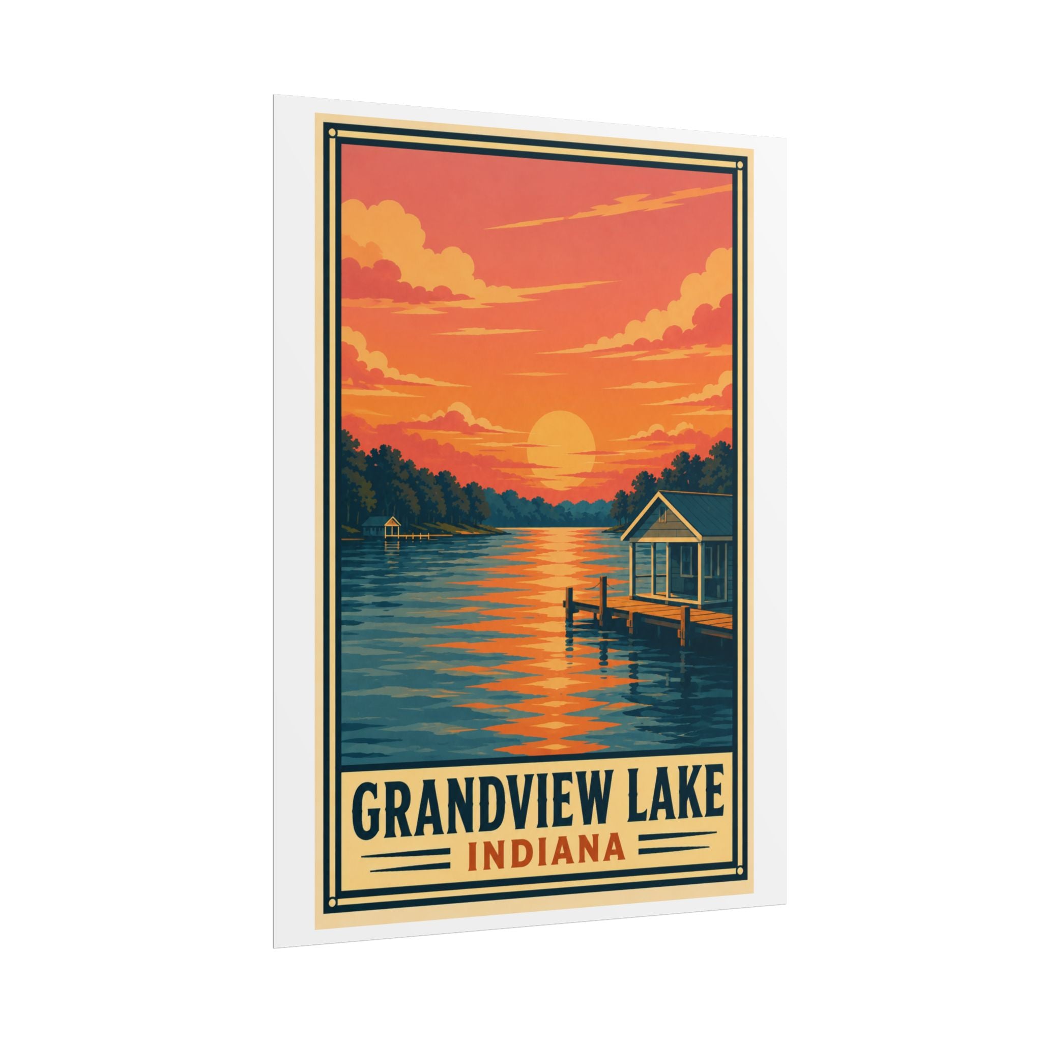 Grandview Lake Indiana Sunset Poster — Vintage Lakeside Travel Print