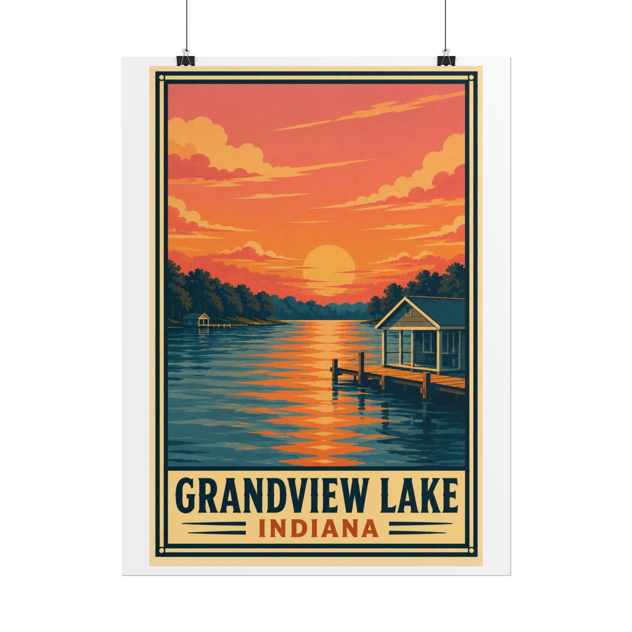 Grandview Lake Indiana Sunset Poster — Vintage Lakeside Travel Print
