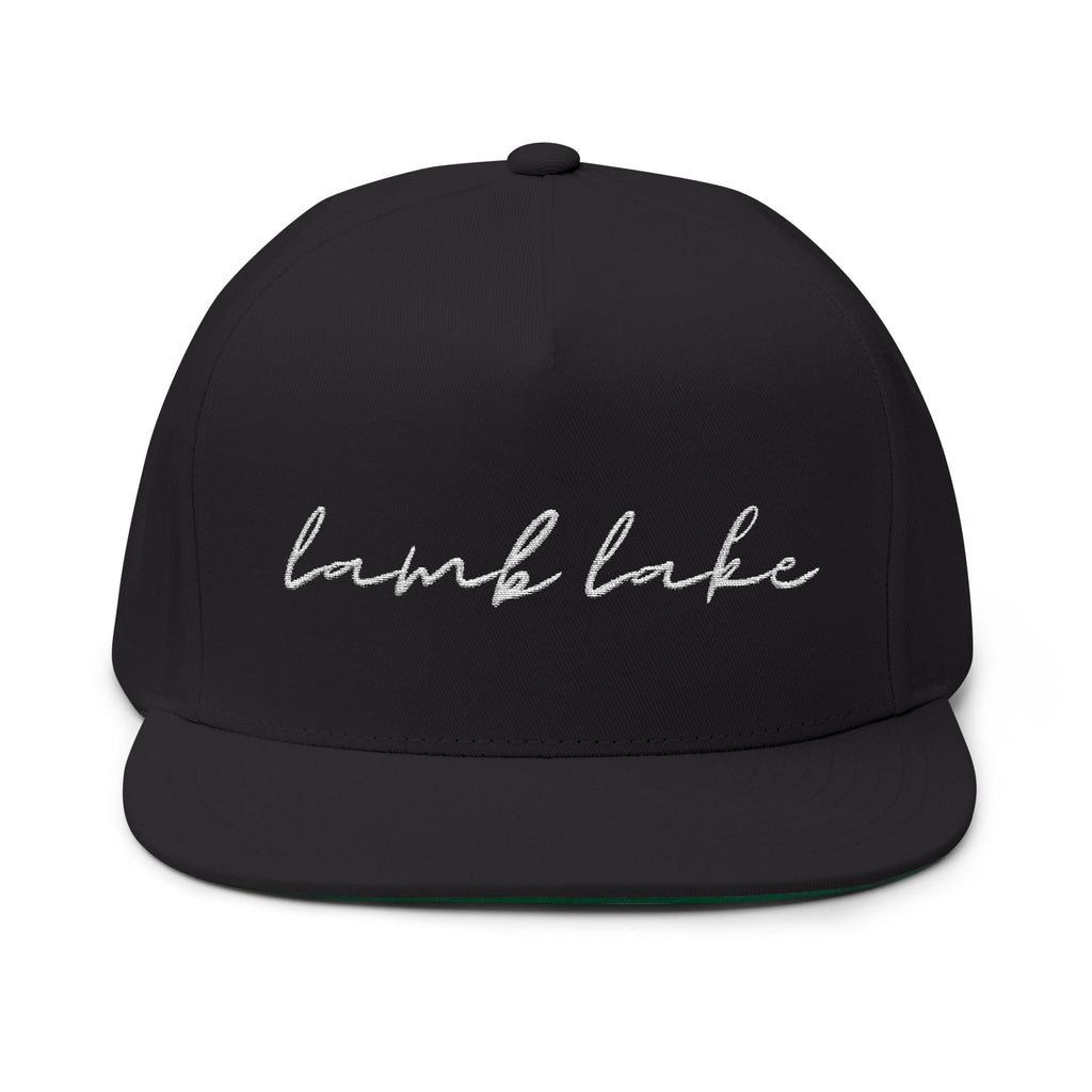 Lamb Lake White Script Embroidered Flat Bill Cap