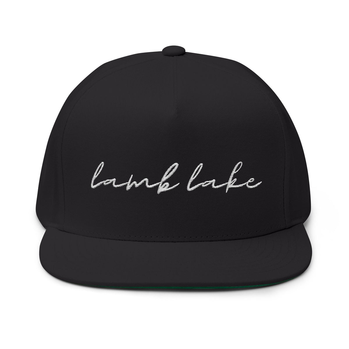 Lamb Lake White Script Embroidered Flat Bill Cap