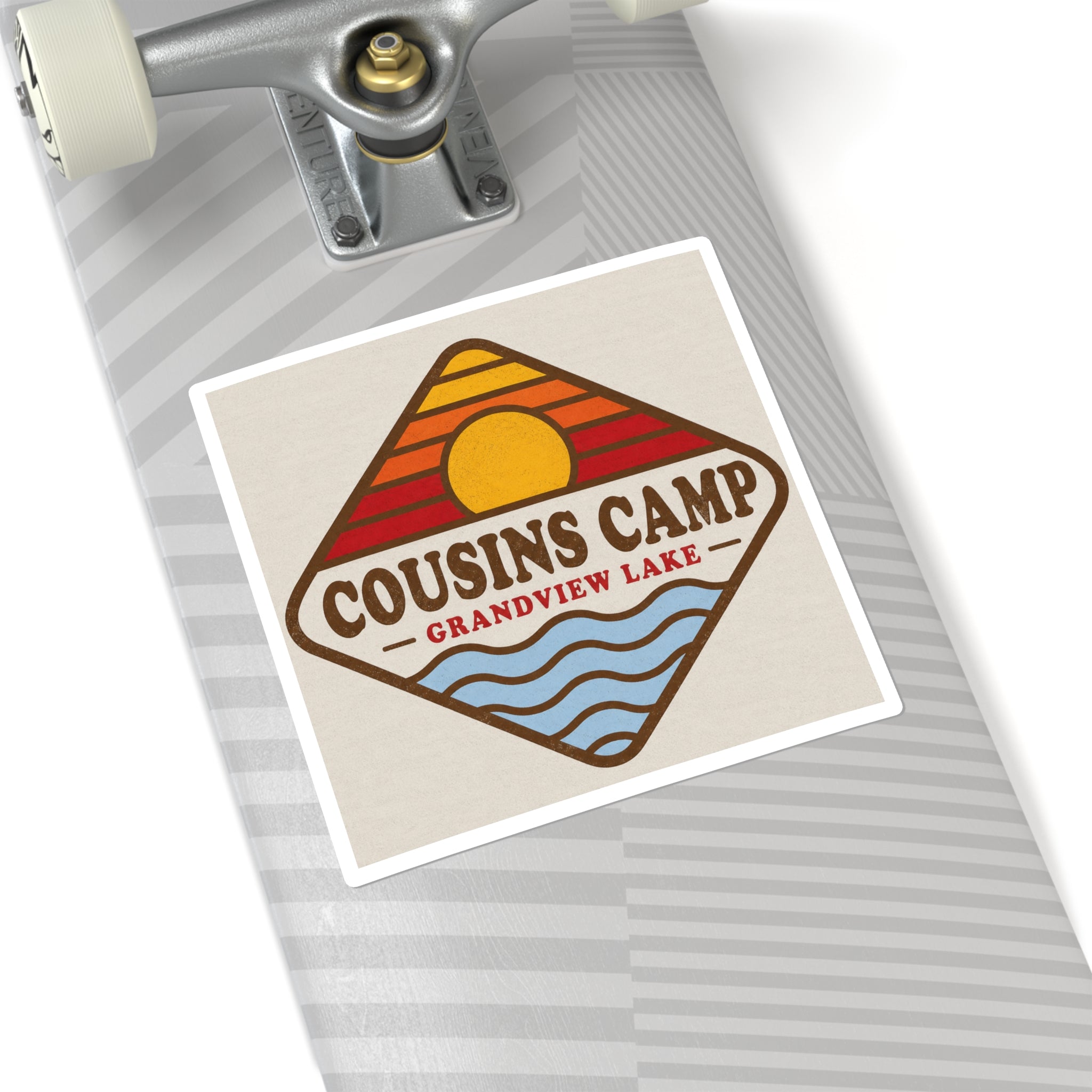 Cousins Camp Grandview Lake Sticker — Retro Sunset Lake Square Sticker