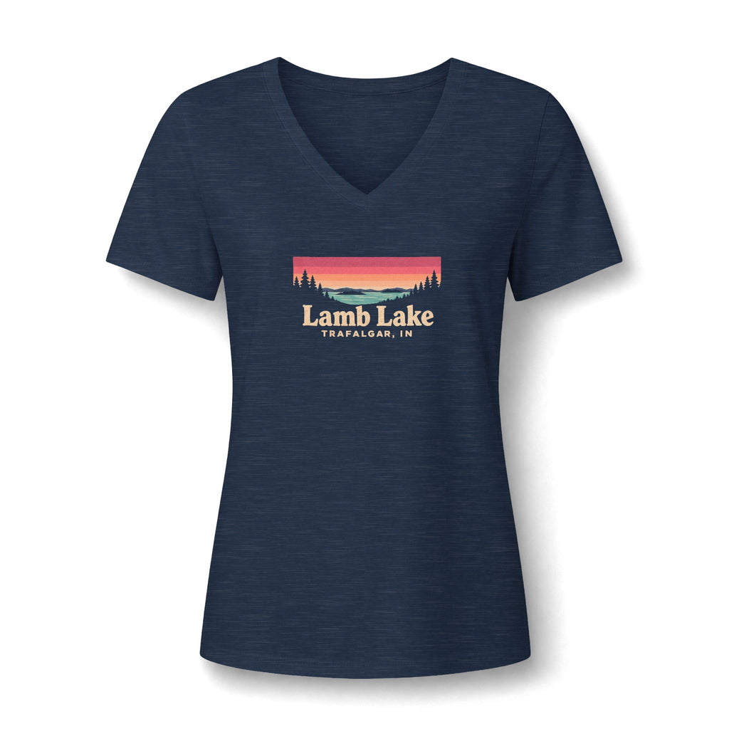 Lamb Lake Women's V-Neck Tee — Sunset Lake Graphic