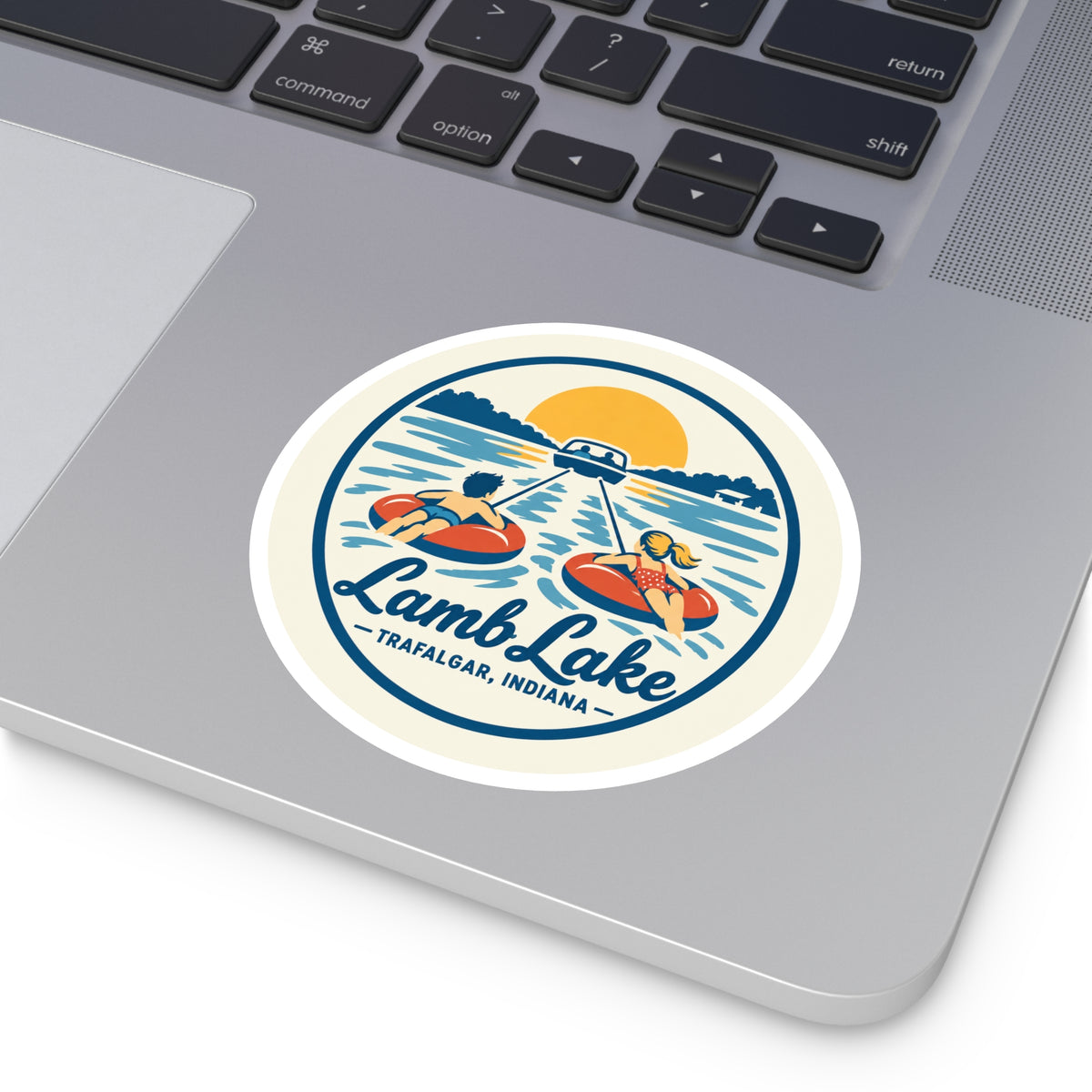 Lamb Lake Round Sticker — Retro Lake Tubing Design (Trafalgar, Indiana)